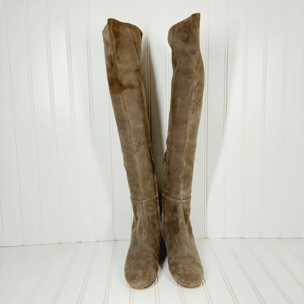 Halogen Over the Knee Taupe Tan Suede Leather Elastic Heeled Tall Boots B156